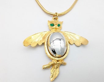 Rare Hattie Carnegie Gold & Silver Plated Owl Pendant Necklace - 18.5"