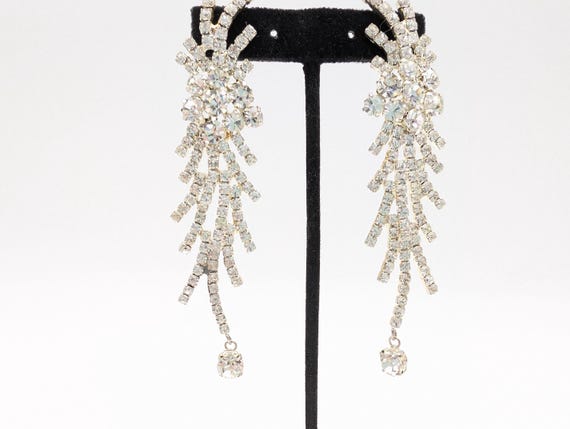 Long Silver Plated & Rhinestone Statement Earring… - image 6
