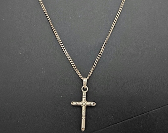 Oxidized Sterling Silver Cross Pendant Necklace, Vintage Mexico - 25"