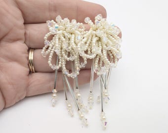 Iridescent White& Aurora Borealis Beaded Crystal Dangle Clip-On Earrings