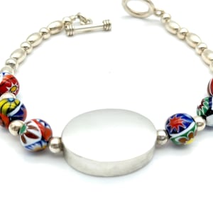 Vintage Engravable Sterling Silver Art Glass Bead Bracelet - 7.5&quot;