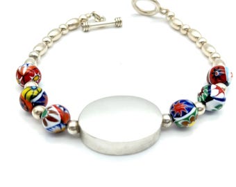 Vintage Engravable Sterling Silver Art Glass Bead Bracelet - 7.5"