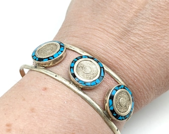 Heavy Vintage Sterling Silver & Turquoise Coin Cuff Bracelet - Mexico