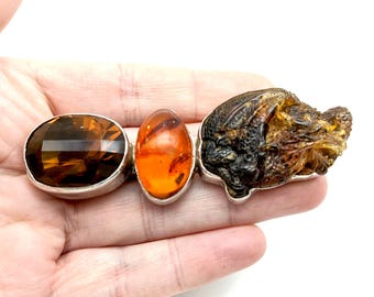 Heavy Rebecca Collins Carved Amber Dragon & Sterling Silver Brooch