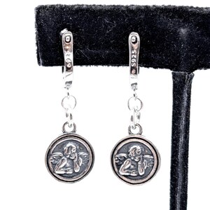 Oxidized Sterling Silver Angel Charm Dangle Earrings, Cherub Hoops image 16