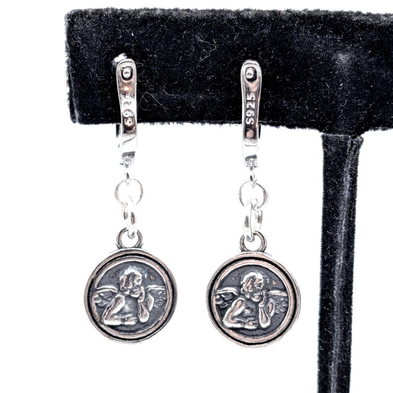 Oxidized Sterling Silver Angel Charm Dangle Earrings, Cherub Hoops image 16