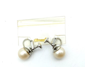 Vintage Silvertone & Faux Pearl Clip/Screw Back Earrings Signed Deauville