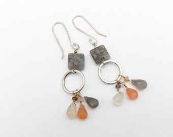 Vintage Artisan Labradorite, Orange Opal, Moonstone & Sterling Silver Dangle Earrings