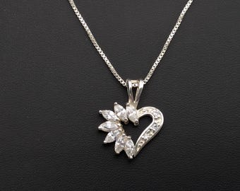 Vintage Sterling Silver & CZ Heart Pendant Necklace - 18"