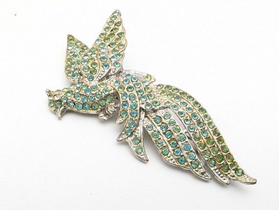 Large 1930s Blue & Green Rhinestone Bird Brooch -… - image 3