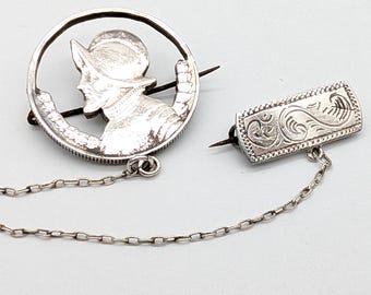 Panama Balboa Coin Silver Double Brooch With Chain