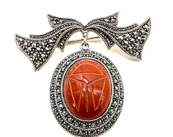 Judith Jack Sterling Silver, Carved Carnelian Scarab Beetle & Marcasite Bow Dangle Brooch