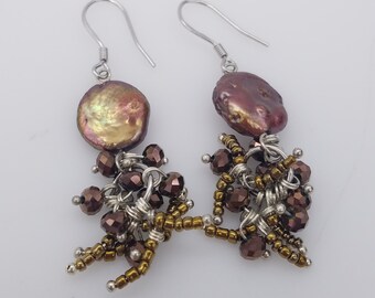 Sterling & Copper Brown Cultured Freshwater Disk Pearl Beaded Fishhook Dangle Earrings