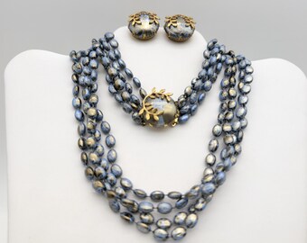 1950s Marbled Blue & Gold Beaded Necklace and Clip Earrings Set - 28"