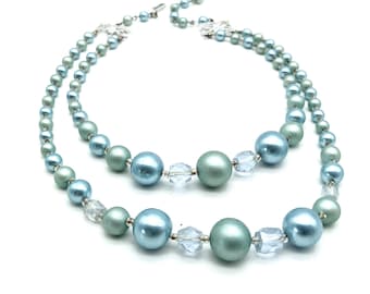 Vintage Frosted Blue Bead 1960's Necklace - 14-17" Adjustable