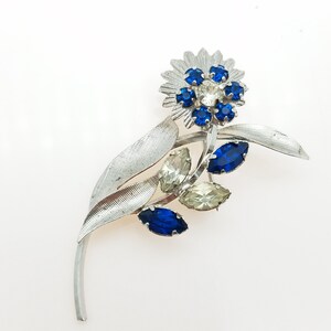 Vintage Sterling Silver & Blue Rhinestone Flower Brooch