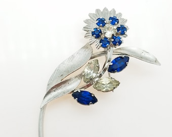 Vintage Sterling Silver & Blue Rhinestone Flower Brooch