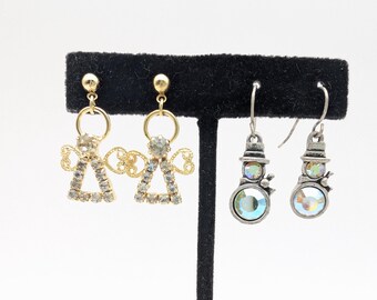 Two Pairs of Vintage Rhinestone Holiday Earrings - Angels and Snowmen