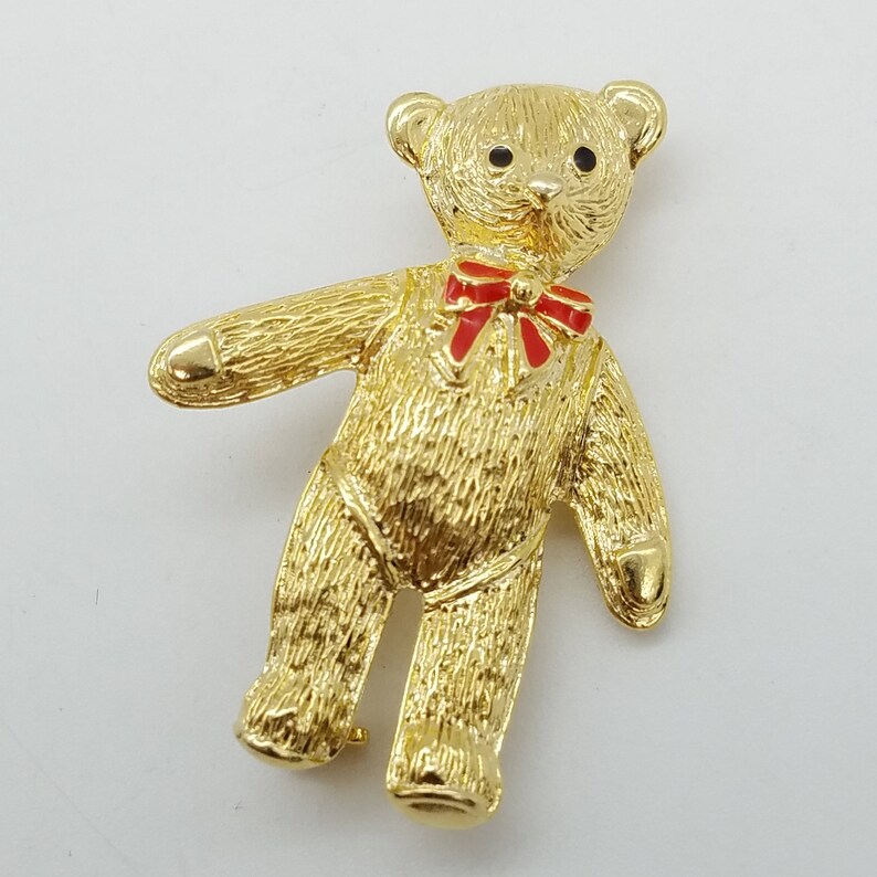 Old Stock Vintage Teddy Bear Brooch With Red Bow New Condition