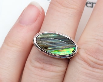 Old Stock Silver Plated Faux Abalone Ring  - Size 7
