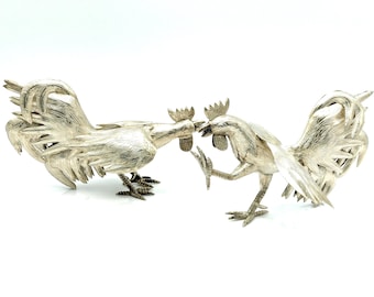 Antique Solid Sterling Silver Fighting Rooster Set - 6" Long, 7.7 Ounces