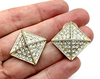 Vintage Joan Rivers Silver Plated Crystal Rhinestone Studded Square Clip Earrings - 7/8"