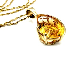 14K Gold Honey Citrine Pendant Necklace: Fantasy Cut Gemstone
