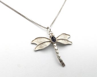 Vintage Sterling Silver & Lapis Dragonfly Pendant Necklace - 18"