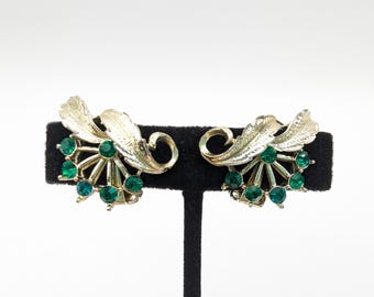 Goldtone & Green Rhinestone Floral Spray Clip Earrings