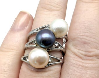 Vintage Silver Plated Cultured Pearl Ring - Choice of Colors