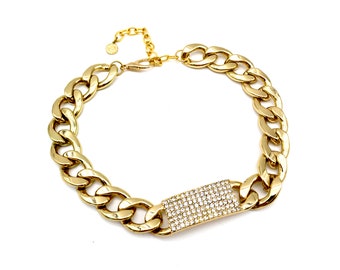 Vintage Heavy Gold Plated Rhinestone Curb Chain Necklace Signed Graziano