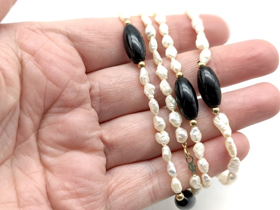 Vintage Rice Pearl, Black Onyx and 14k Gold Beade… - image 1