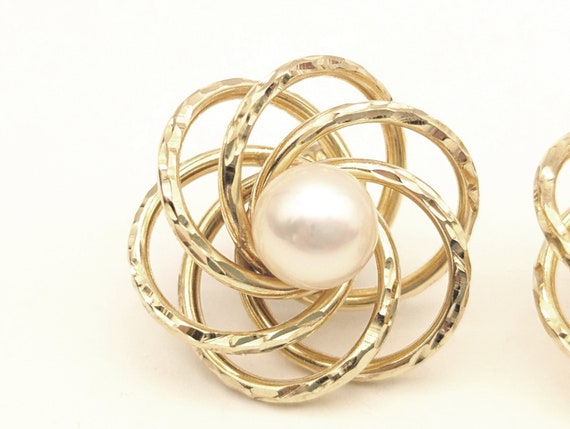 Estate 14K Gold Swirl Pearl Stud Earrings - 7/8 - image 2