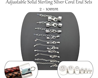 Solid Sterling Silver Adjustable Cord End Cap Sets: 2mm, 2.5mm, 3mm, 3.5mm 4mm, 4.5mm, 5mm, 6mm 8mm, 10mm Internal Diameter For Leather