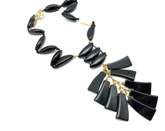 Vintage Chico's Chunky Black and Gold Lucite Pendant Y Necklace - 27"