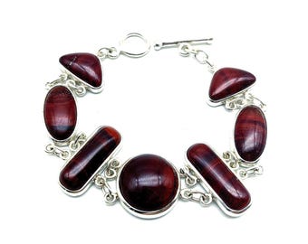 Sterling Silver & Abstract Cut Red Jasper Link Bracelet With Toggle Clasp - 7.75"