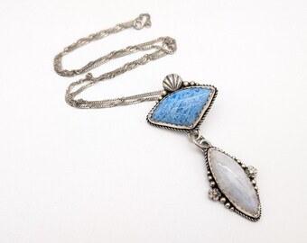 Vintage Artisan Moonstone & Larimar Sterling Silver Pendant Necklace - 24"