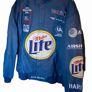 Chaqueta de cuero Rusty Wallace Miller Lite de NASCAR, años 90 - Jeff Hamilton XL