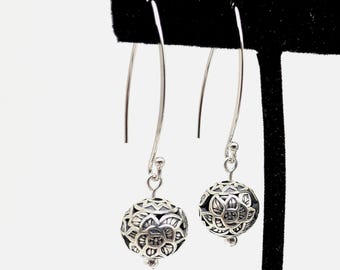 Oxidized Sterling Lotus Flower Bead Dangle Earrings: Antiqued Silver, Lotus Earrings