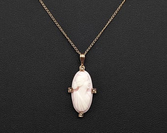 Antique 10k Rose Gold Carved Shell Cameo & Seed Pearl Pendant Necklace - 15"