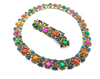 1970s Etruscan Style Gold Molded Glass Choker Necklace & Bracelet