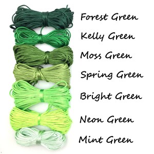 May include: Bundles of green cord in various shades, including forest, kelly, moss, spring, bright, neon, and mint green. The image displays the different colors with the names of each color written in black text.