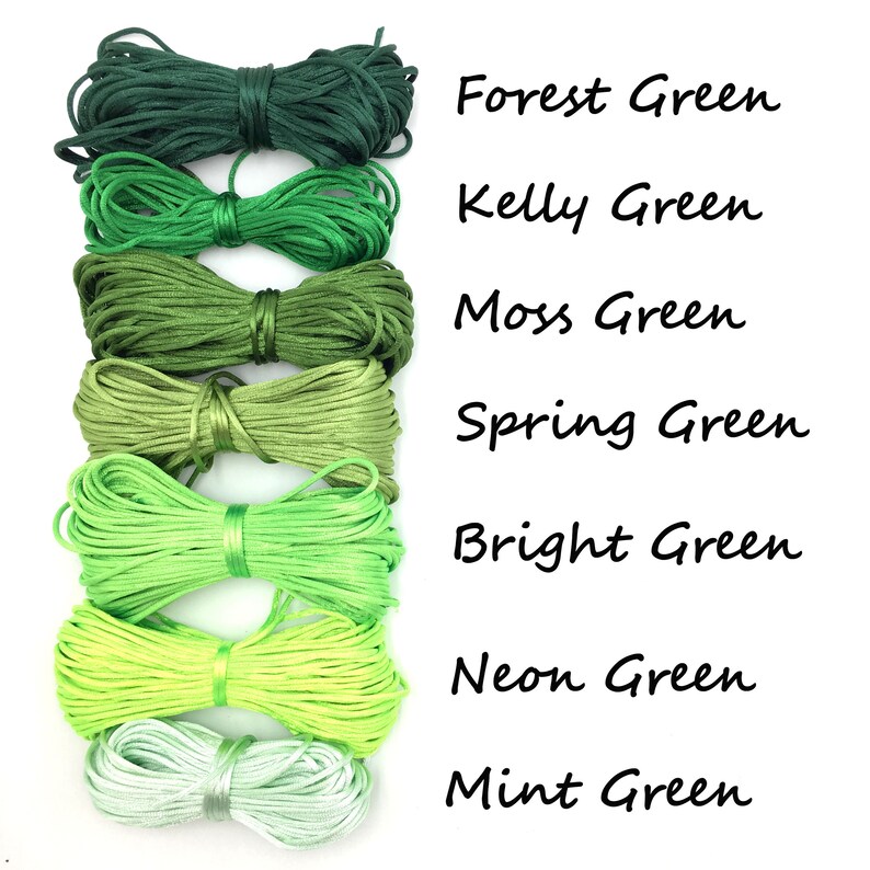 May include: Bundles of green cord in various shades, including forest, kelly, moss, spring, bright, neon, and mint green. The image displays the different colors with the names of each color written in black text.