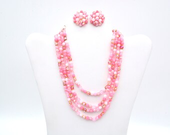 Vintage Pink Beaded Choker & Clip Earrings Set Made in West Germany