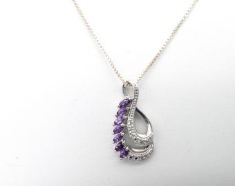 Vintage Sterling Silver, Amethyst & Diamond Accent Pendant Necklace