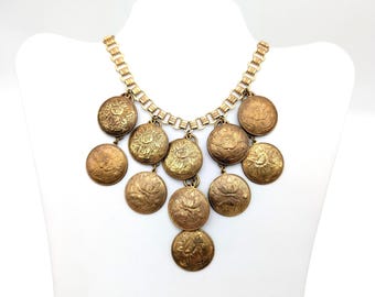 Art Nouveau Etched Brass Book Chain & Etched Floral Coin Bib Necklace