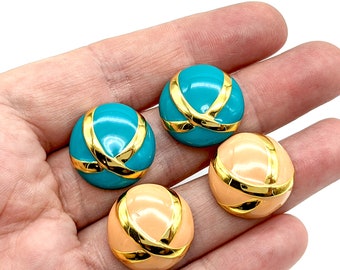 Two Pairs of Vintage Gold Tone & Enamel Earrings - Peachy-Pink and Blue - 3/4"