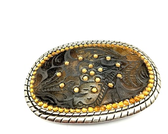Vintage Rhinestone Studded Embossed Leather Belt Buckle