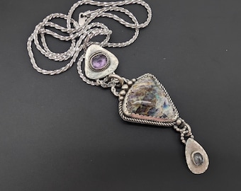 Large Artisan Kaleidoscope Agate, Amethyst & Blue Topaz  Sterling Silver Pendant Necklace - 24"