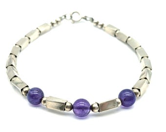 Vintage Sterling Silver & Amethyst Beaded Bracelet - 7"